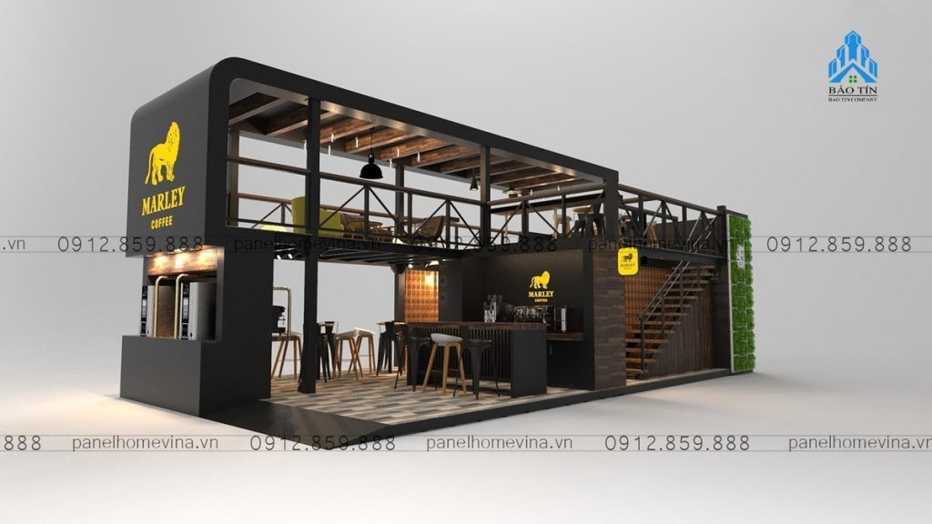 Mẫu quán cafe khung thép tiền chế với phong cách hiện đại và không gian mở.
