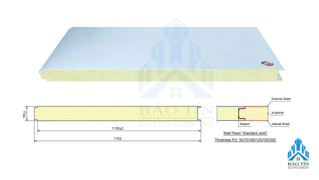 Cấu tạo tấm panel PU chống cháy với lõi polyurethane và lớp tôn mạ kẽm